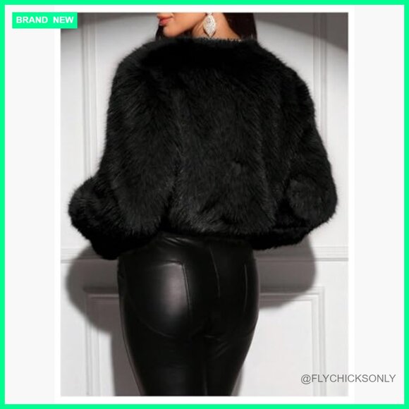 Faux Fur Cropped Jacket Open Front Long Sleeve Fuzzy Outerwear - Picture 2 of 5